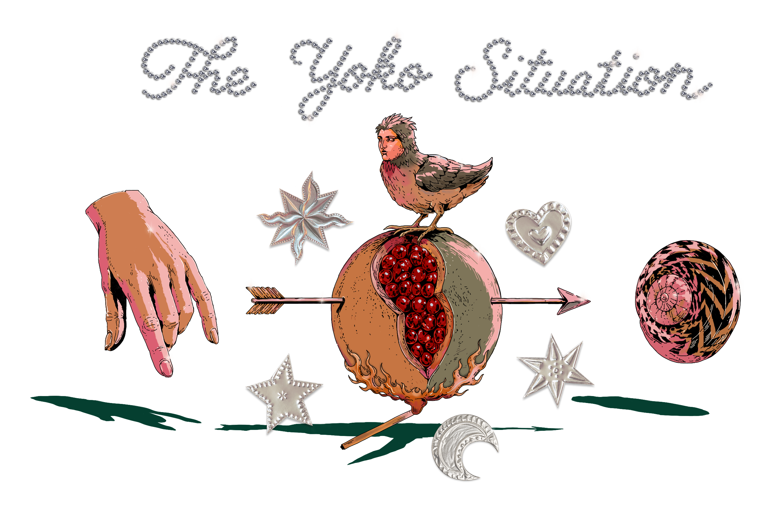 Surreal collage of hand-drawn figures and silver foil ornaments against a blue sky and green ground. A bird with a human face perches on a flaming pomegranate pierced by an arrow, between a floating hand and a spiral shell. Silver stars, a heart and a crescent moon surround them. Above the scene, the title "The Yoko Situation" made out of sequins.