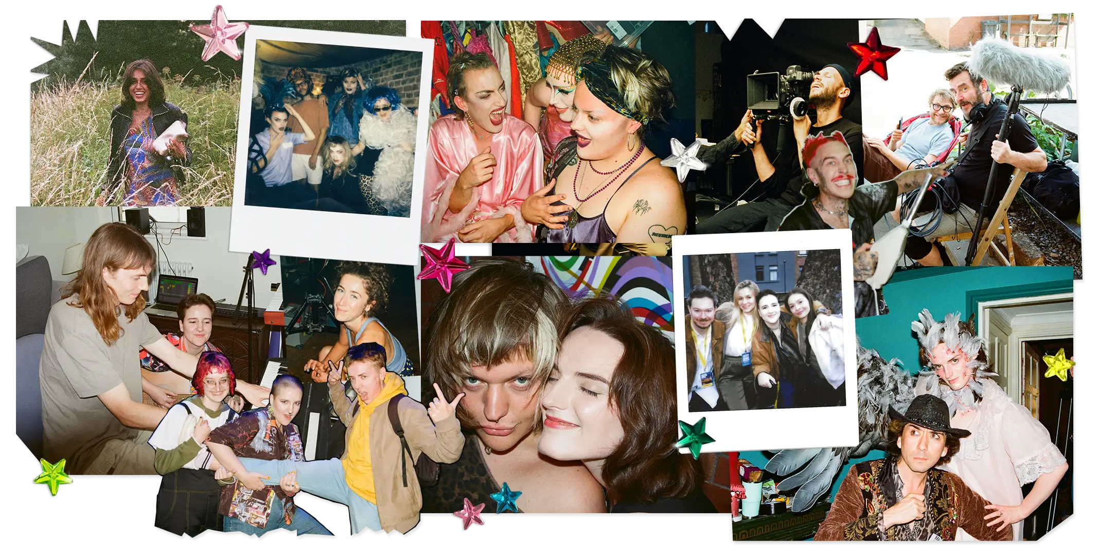 A collage of The Yoko Situation’s collaborators in colourful costumes and behind the scenes, with overlapping photographs, Polaroid-style framing and metallic stars.