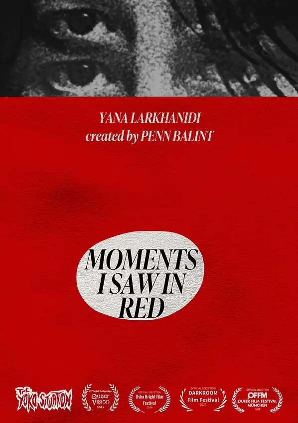 Moments I Saw in Red poster. Grainy black-and-white eyes above a vivid red panel, with the title inside a white oval.